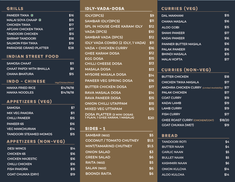 Food Menu India Paradise Halifax Relaxed & Modern Indian